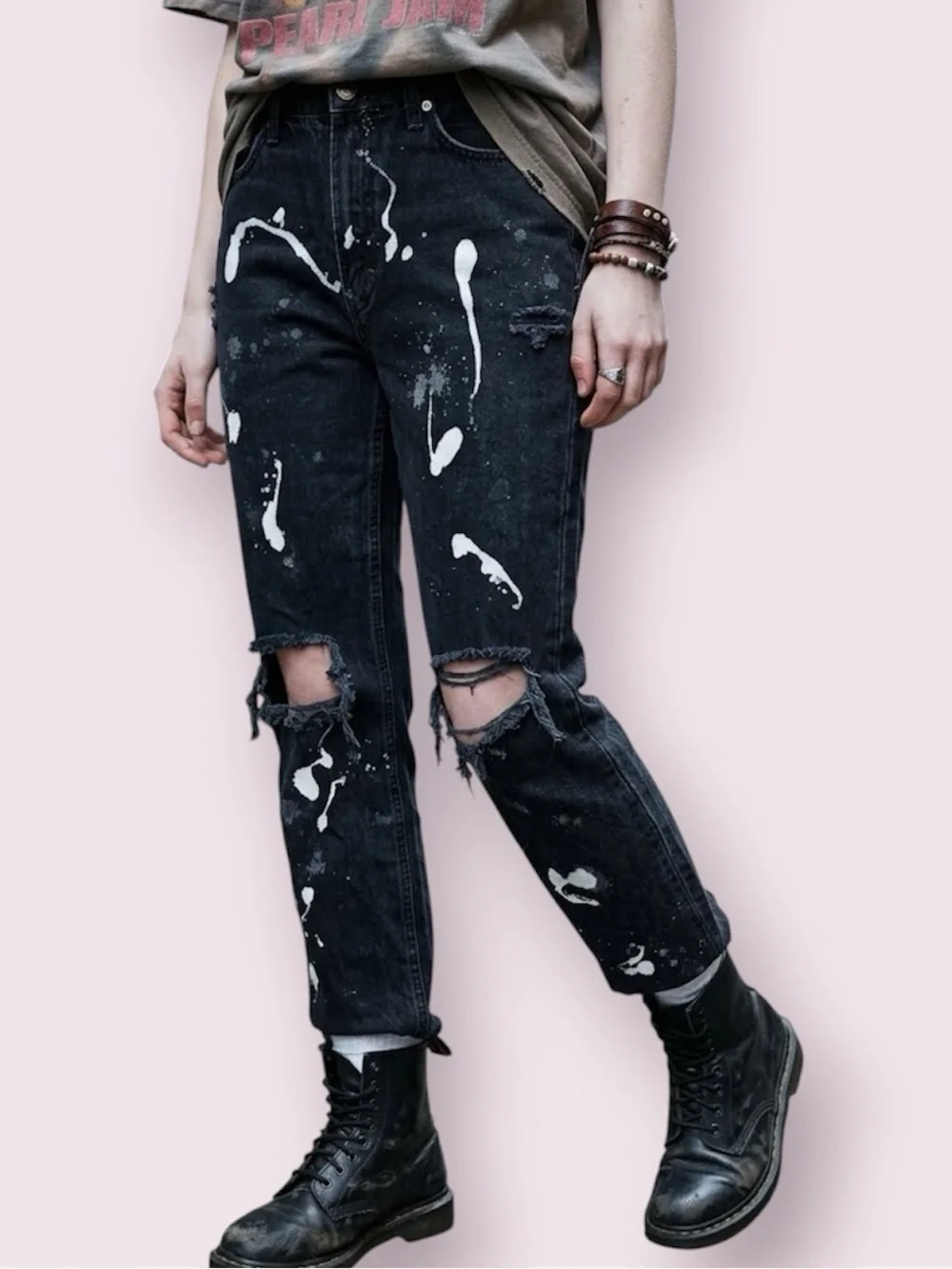 Free People We The Free Distressed Paint Splattered Black Jeans Size 27